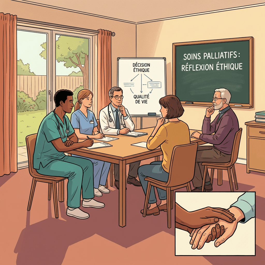 Palliative care meeting with text: SOINS PALLIATIFS: RÉFLEXION ÉTHIQUE, DÉCISION ÉTHIQUE, and QUALITÉ DE VIE.